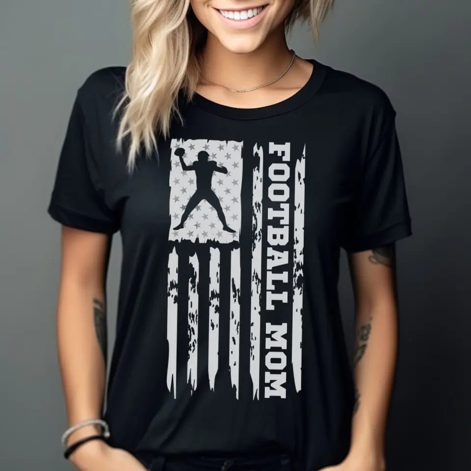 Football Mom Vertical Flag on a Unisex T-Shirt with a White Graphic