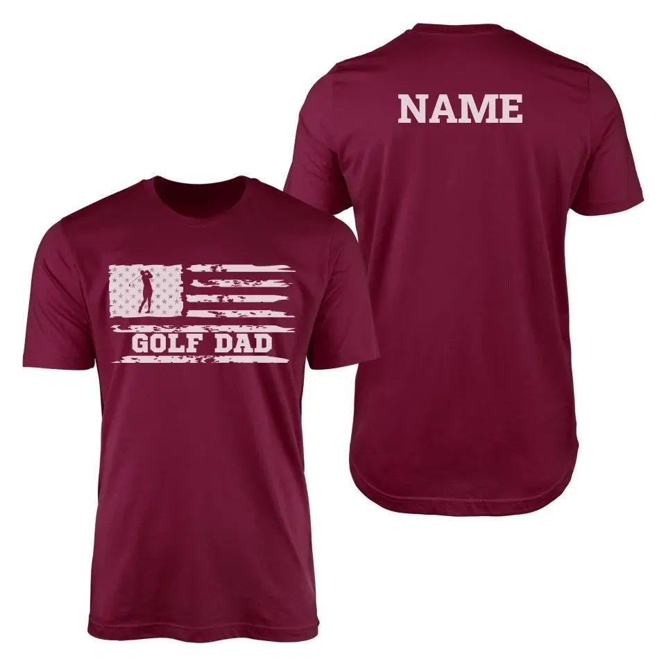 Golf Dad Horizontal Flag With Golfer Name on a Men's T-Shirt with a White Graphic