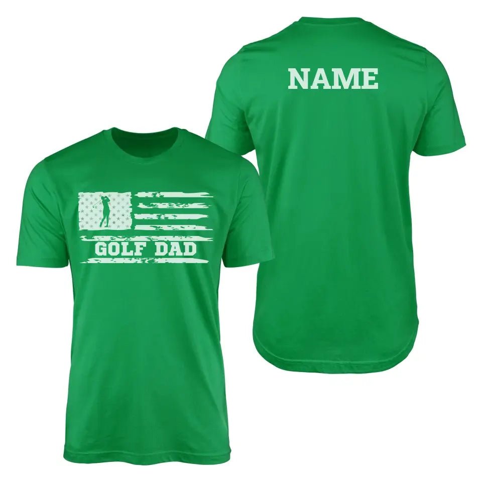 Golf Dad Horizontal Flag With Golfer Name on a Men's T-Shirt with a White Graphic