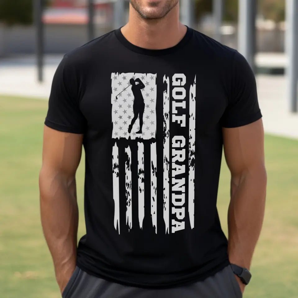Golf Grandpa Vertical Flag on a Men's T-Shirt with a White Graphic