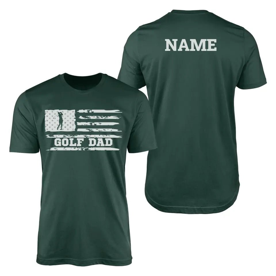 Golf Dad Horizontal Flag With Golfer Name on a Men's T-Shirt with a White Graphic