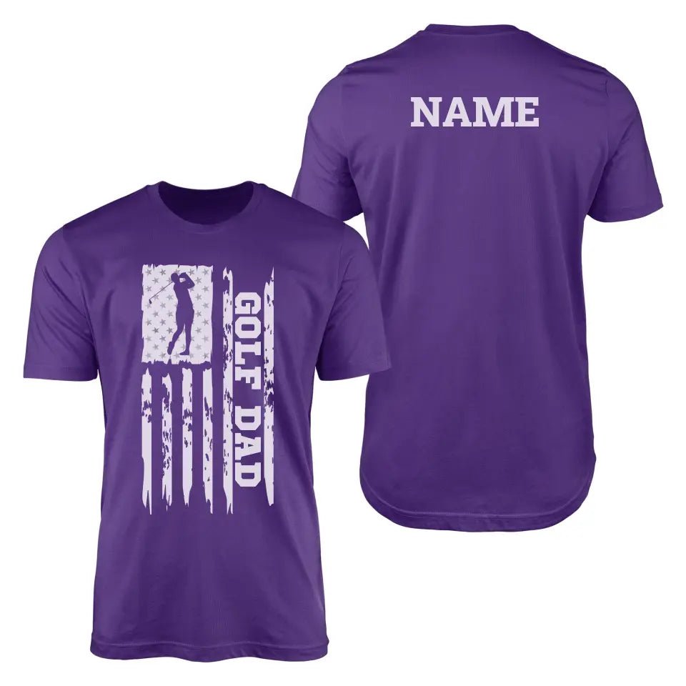 Golf Dad Vertical Flag With Golfer Name on a Men's T-Shirt with a White Graphic
