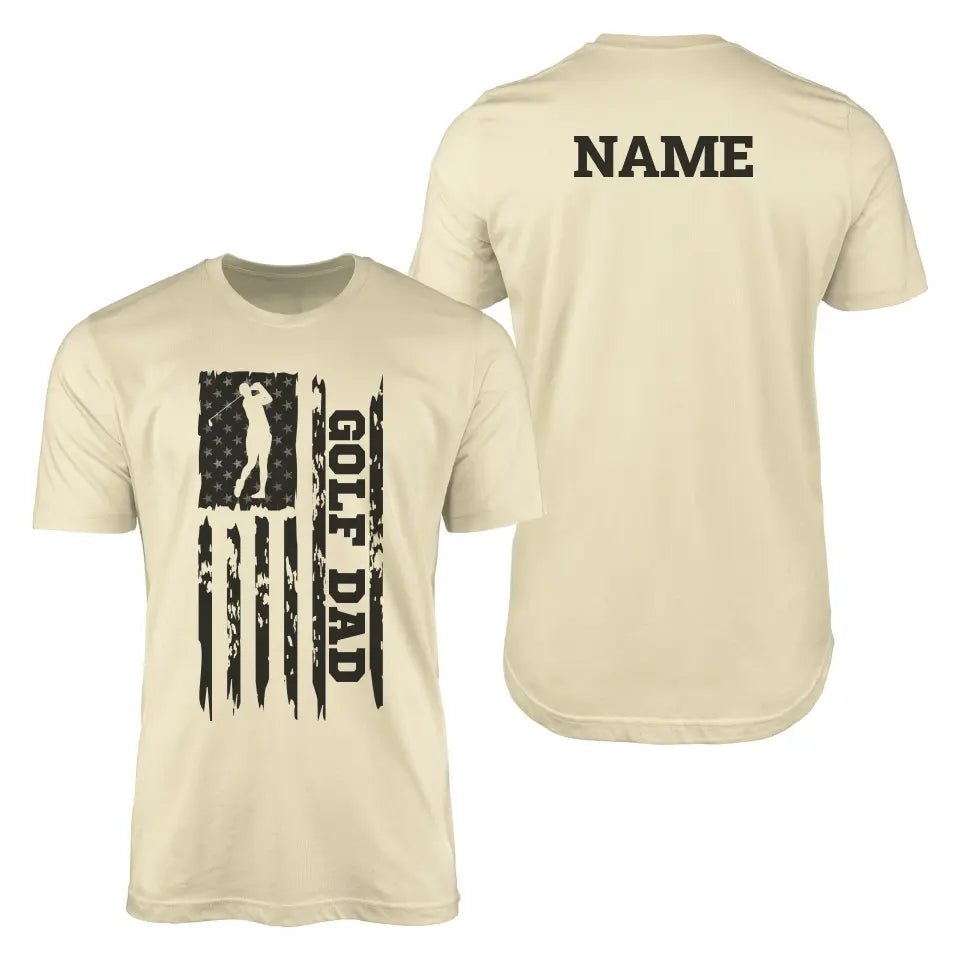 Golf Dad Vertical Flag With Golfer Name on a Men's T-Shirt with a Black Graphic