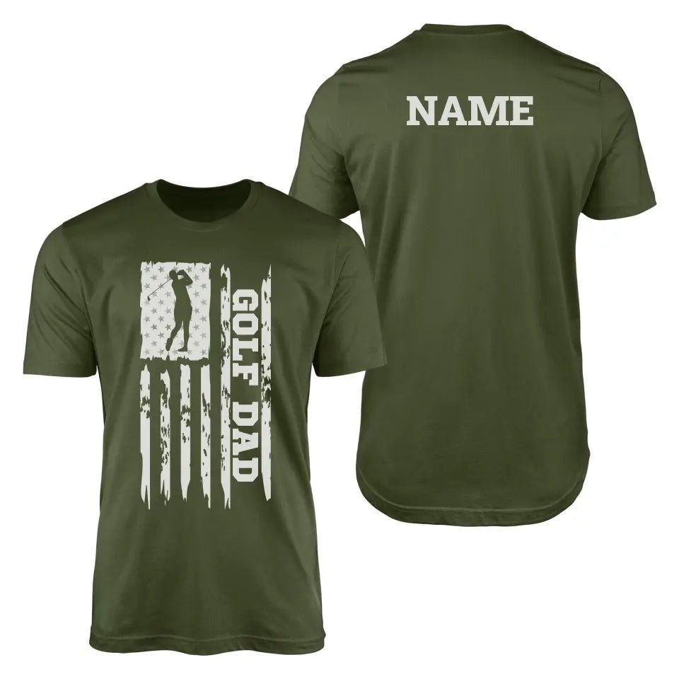 Golf Dad Vertical Flag With Golfer Name on a Men's T-Shirt with a White Graphic