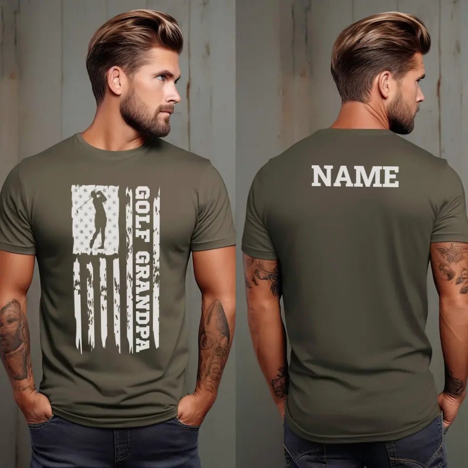 Golf Grandpa Vertical Flag With Golfer Name on a Men's T-Shirt with a White Graphic