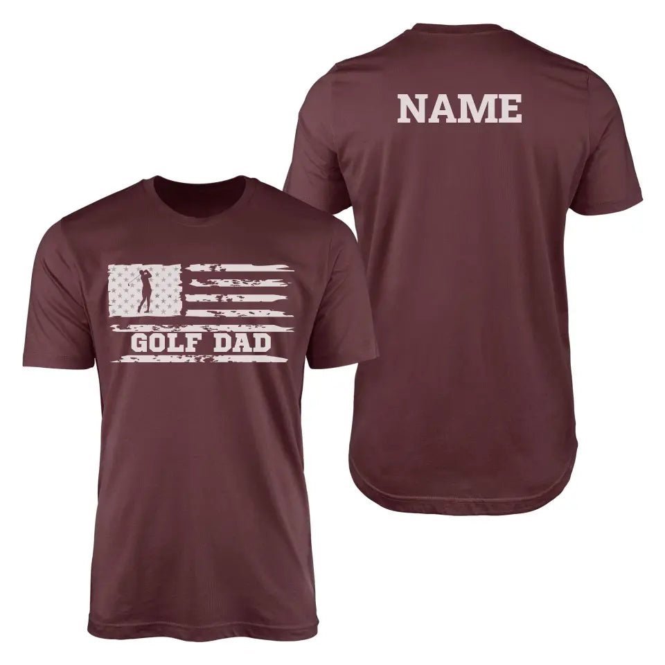 Golf Dad Horizontal Flag With Golfer Name on a Men's T-Shirt with a White Graphic
