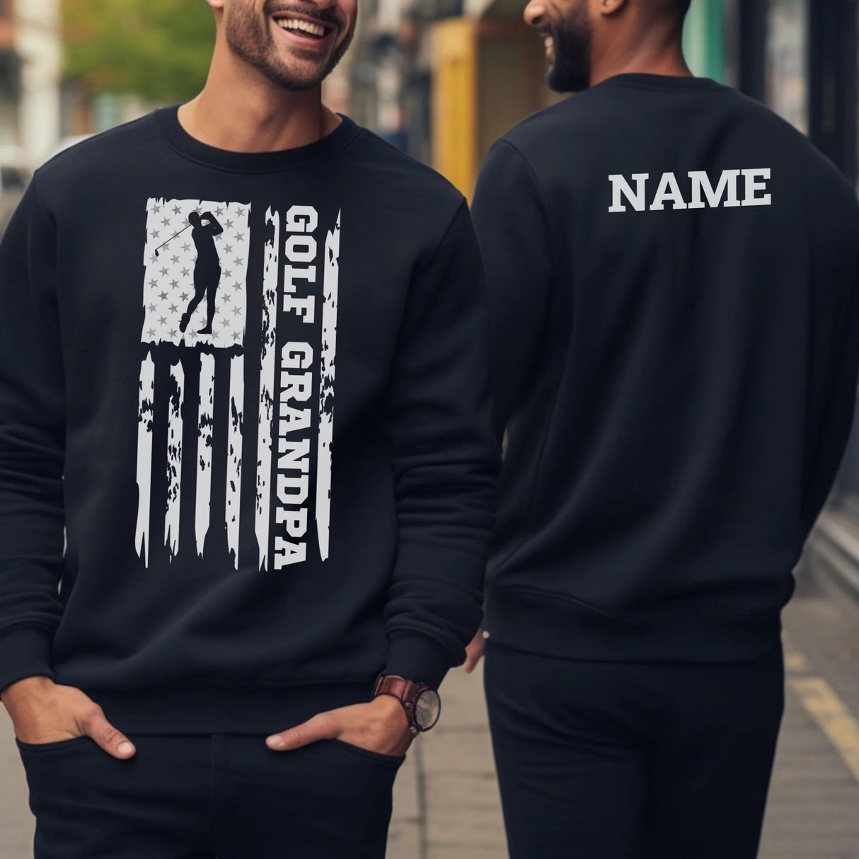 Golf Grandpa Vertical Flag With Golfer Name on a Sweatshirt with a White Graphic