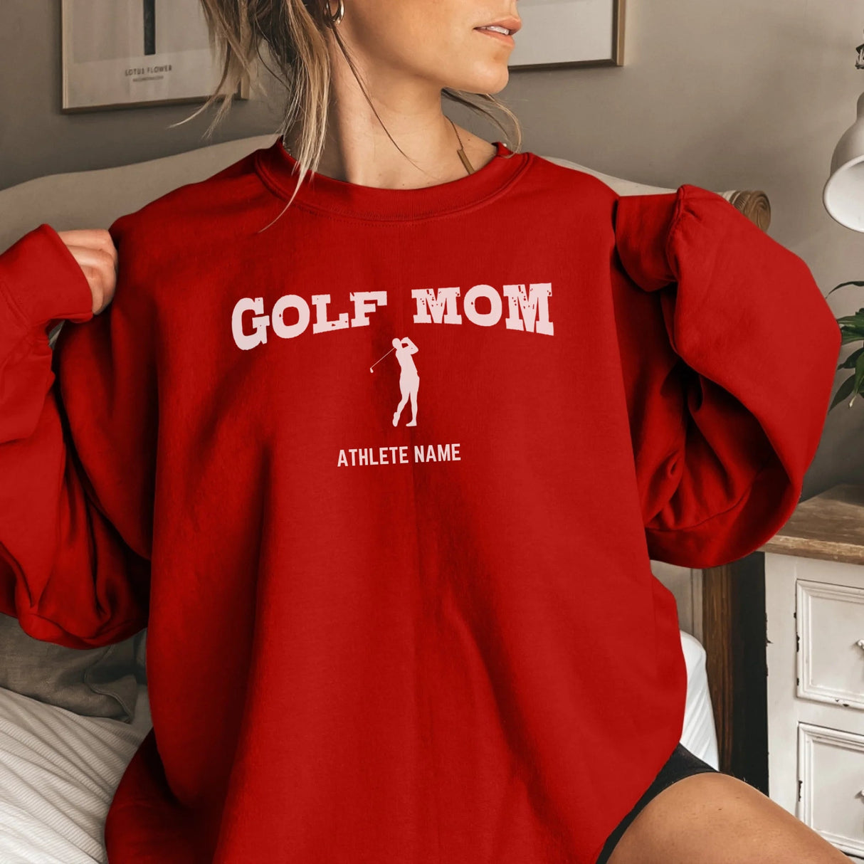 Golf Mom with Golfer Icon and Golfer Name on a Sweatshirt with a White Graphic