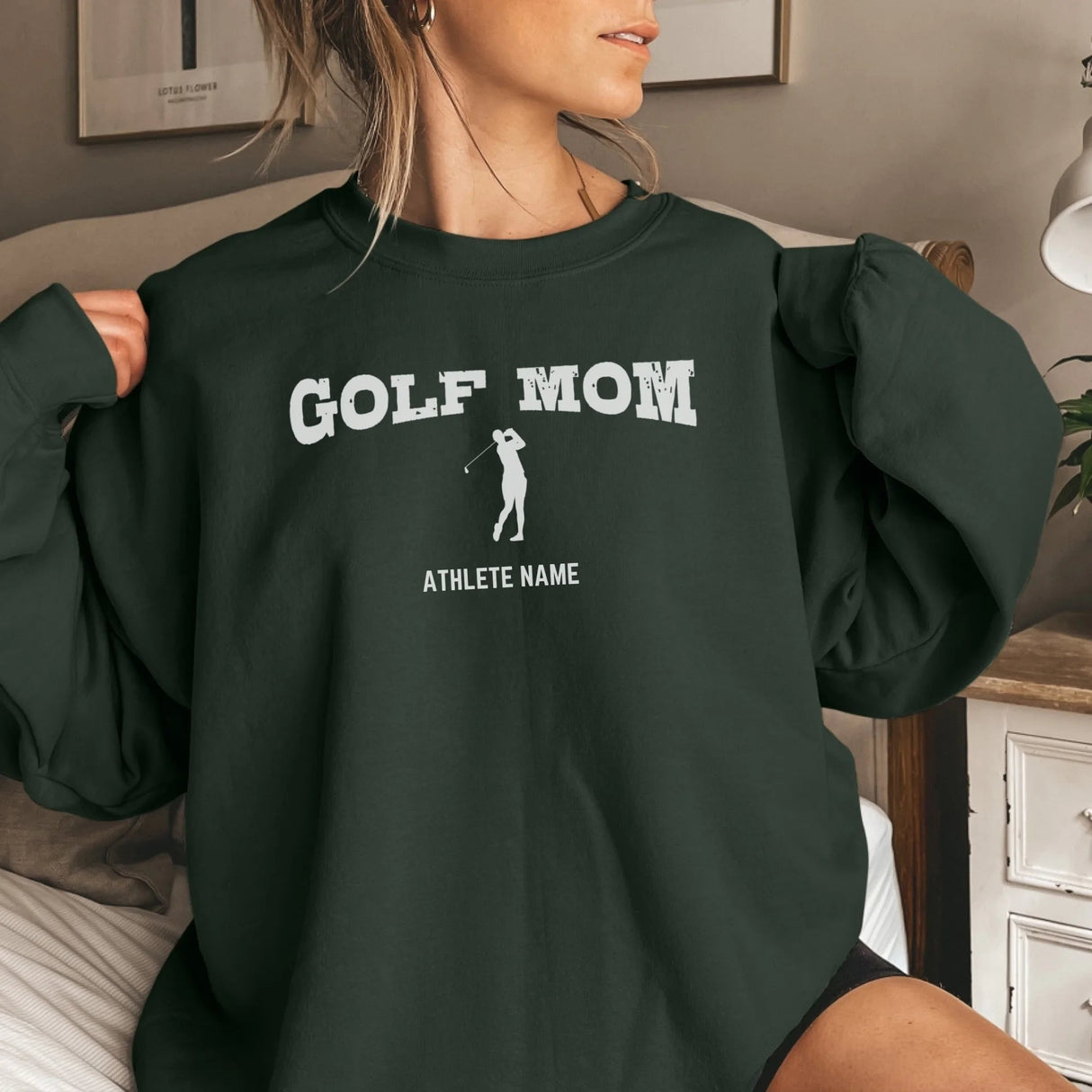 Golf Mom with Golfer Icon and Golfer Name on a Sweatshirt with a White Graphic