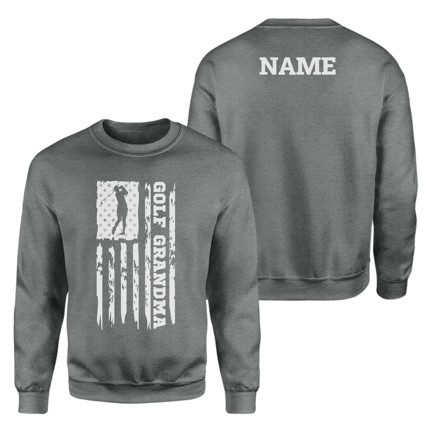 Golf Grandma Vertical Flag With Golfer Name on a Sweatshirt with a White Graphic