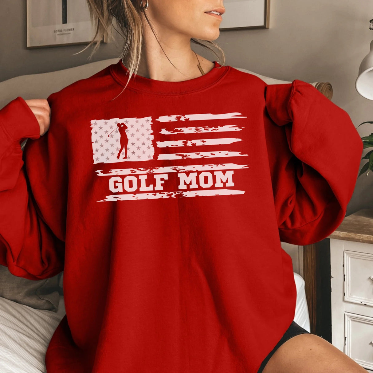 Golf Mom Horizontal Flag on a Sweatshirt with a White Graphic