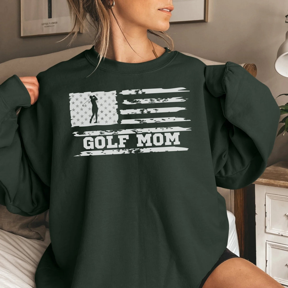 Golf Mom Horizontal Flag on a Sweatshirt with a White Graphic