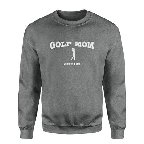 Golf Mom with Golfer Icon and Golfer Name on a Sweatshirt with a White Graphic