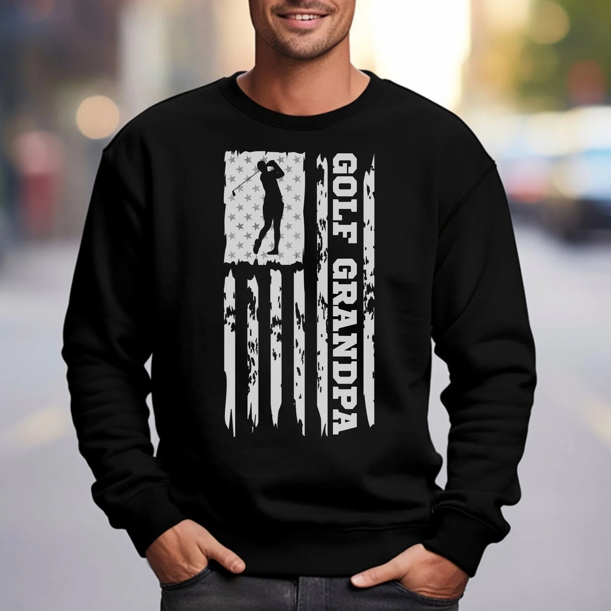 Golf Grandpa Vertical Flag on a Sweatshirt with a White Graphic
