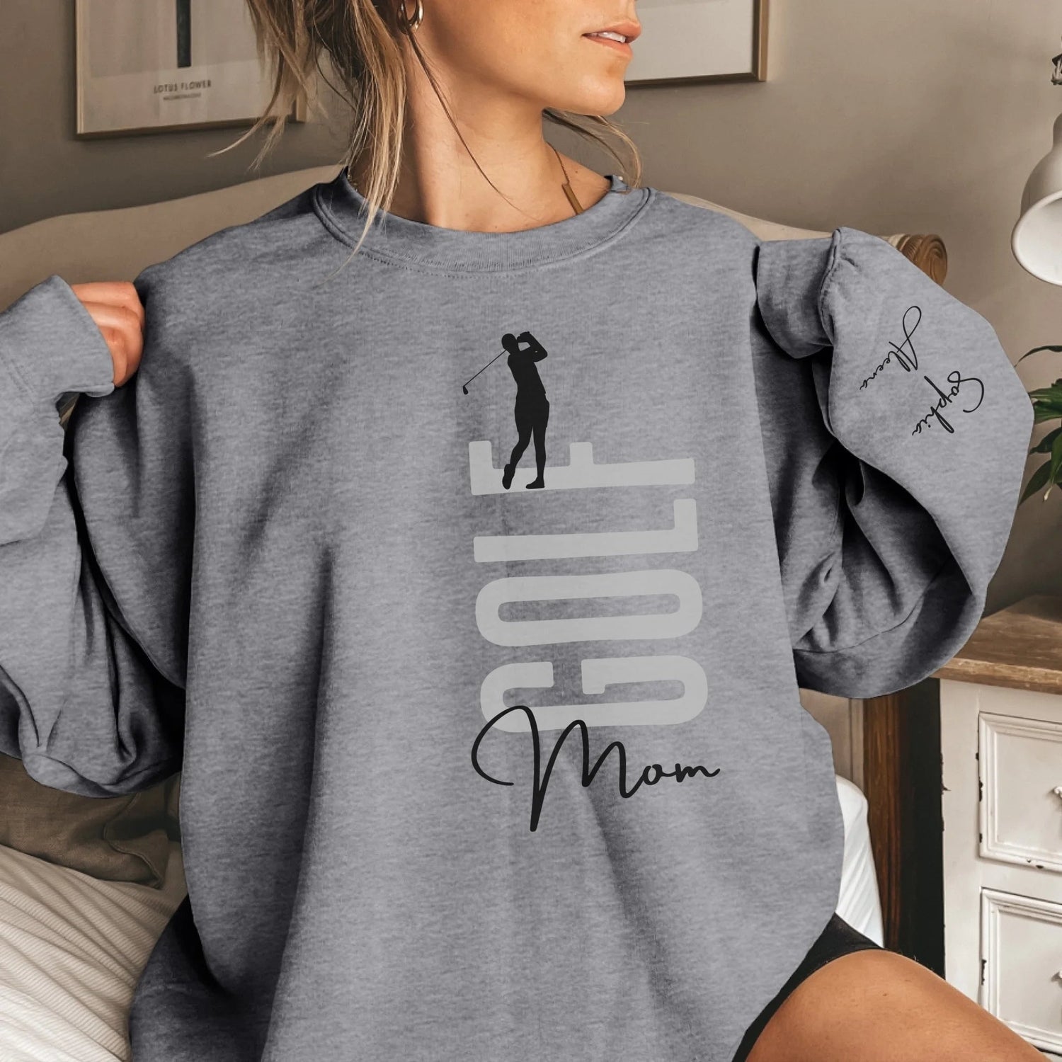 Personalized Golf Mom on a Sweatshirt With Mascot, Icon, and Golfer Name on Sleeve on a Sweatshirt