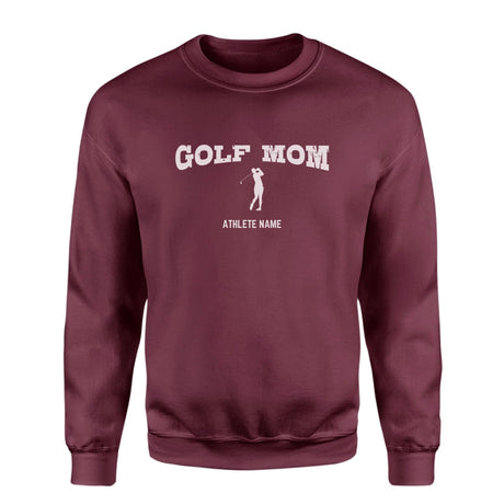 Golf Mom with Golfer Icon and Golfer Name on a Sweatshirt with a White Graphic