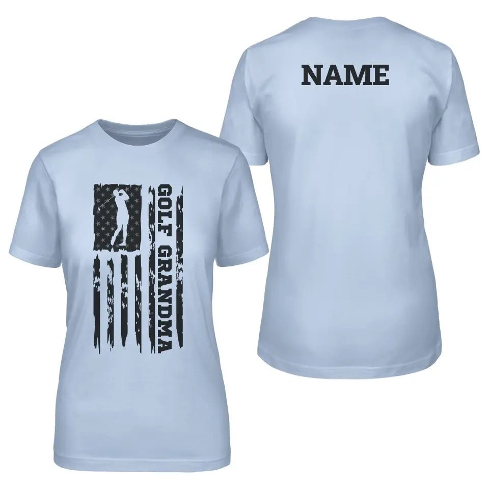 Golf Grandma Vertical Flag With Golfer Name on a Unisex T-Shirt with a Black Graphic