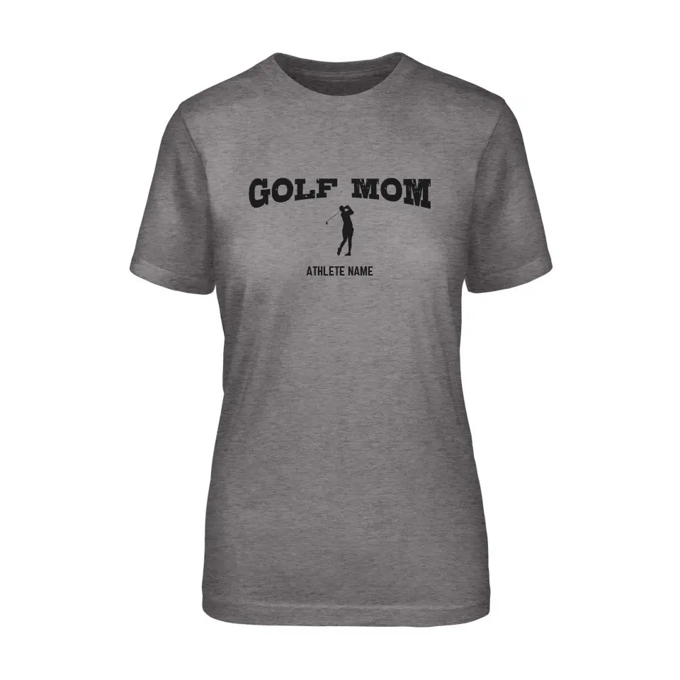 Golf Mom with Golfer Icon and Golfer Name on a Unisex T-Shirt with a Black Graphic