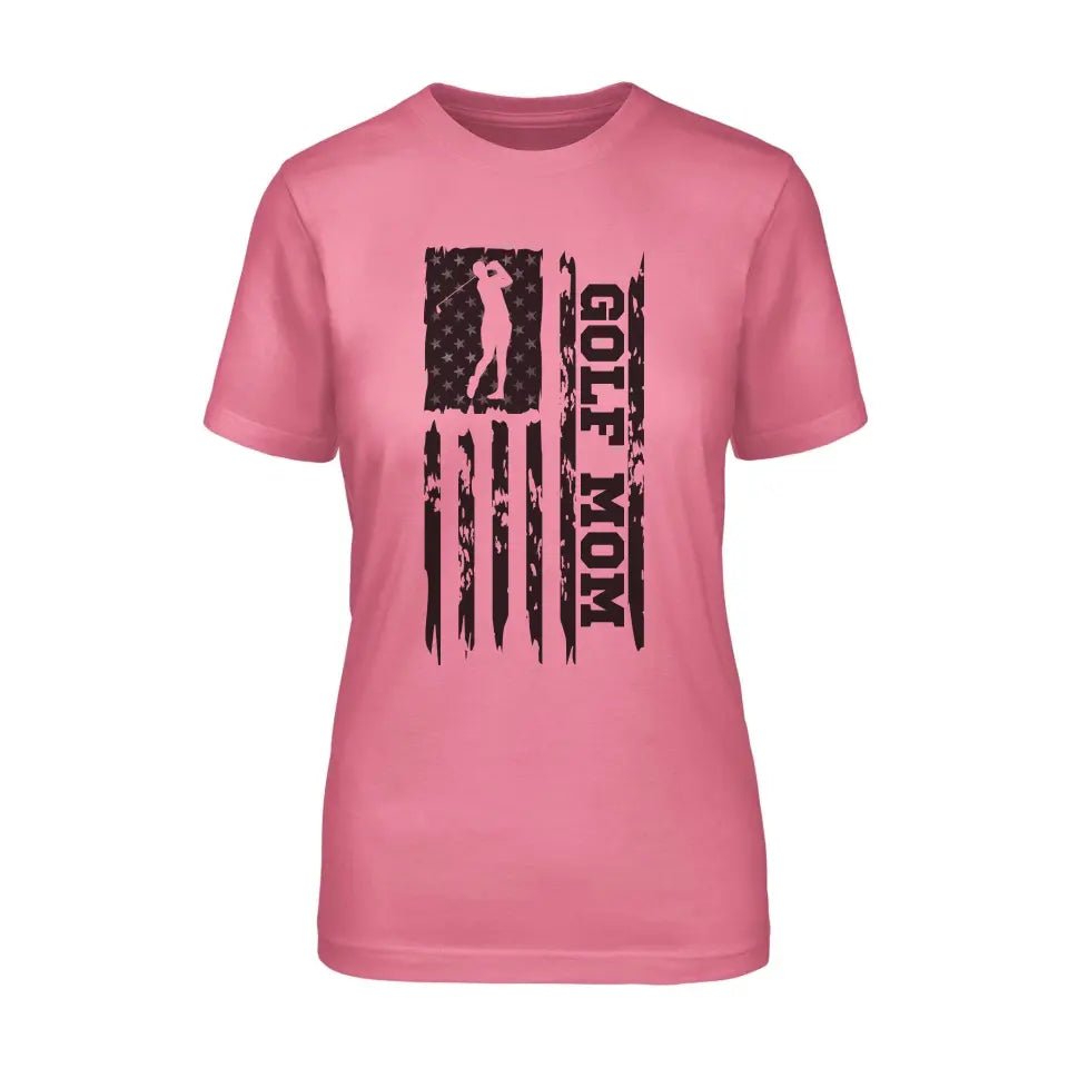 Golf Mom Vertical Flag on a Unisex T-Shirt with a Black Graphic