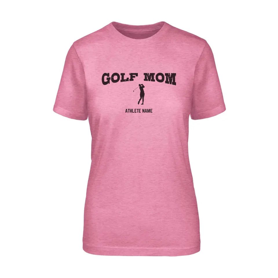 Golf Mom with Golfer Icon and Golfer Name on a Unisex T-Shirt with a Black Graphic