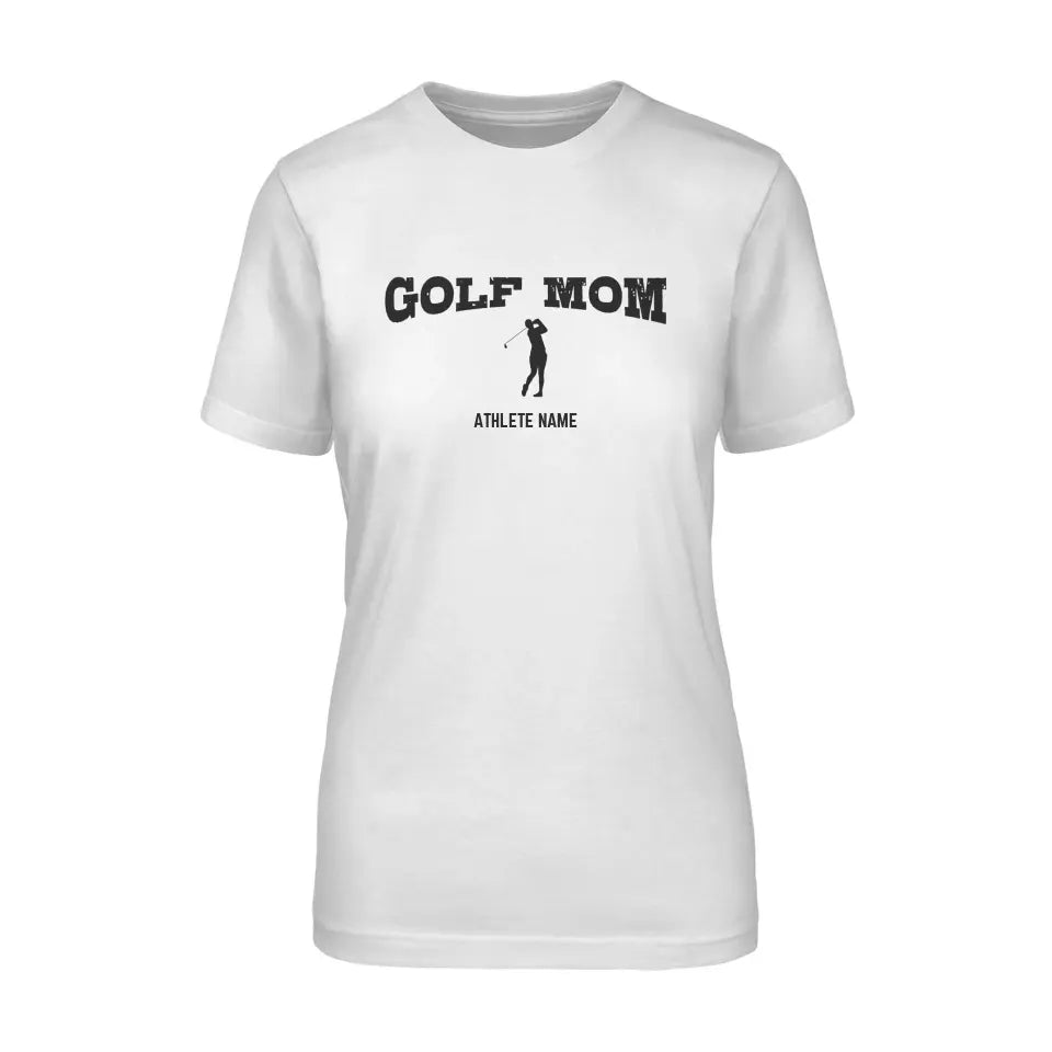 Golf Mom with Golfer Icon and Golfer Name on a Unisex T-Shirt with a Black Graphic
