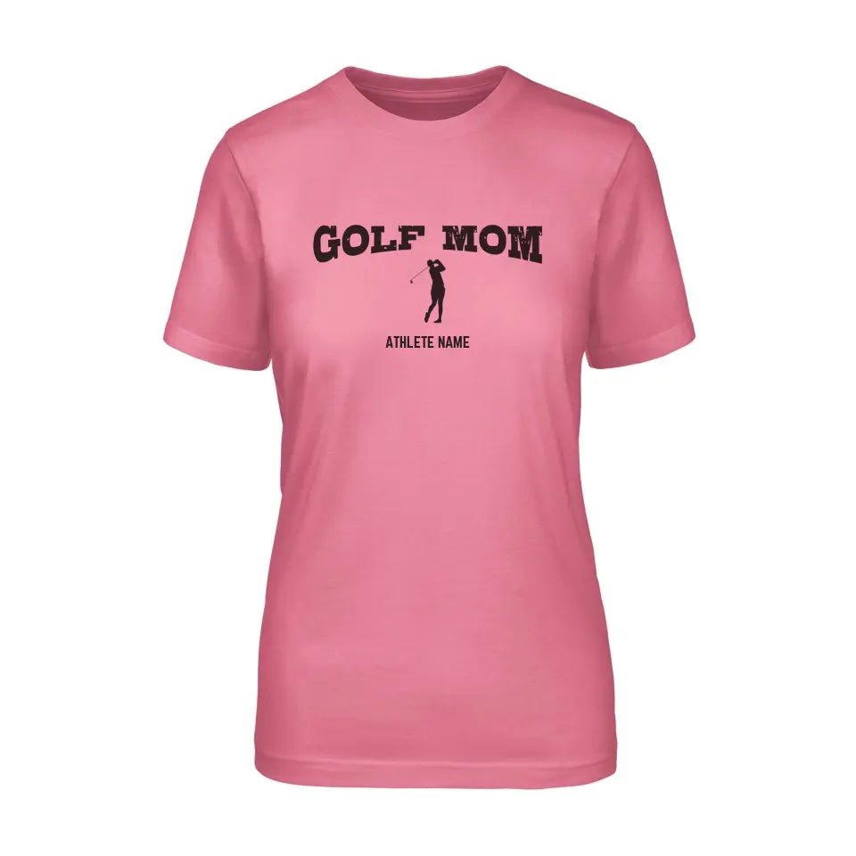 Golf Mom with Golfer Icon and Golfer Name on a Unisex T-Shirt with a Black Graphic