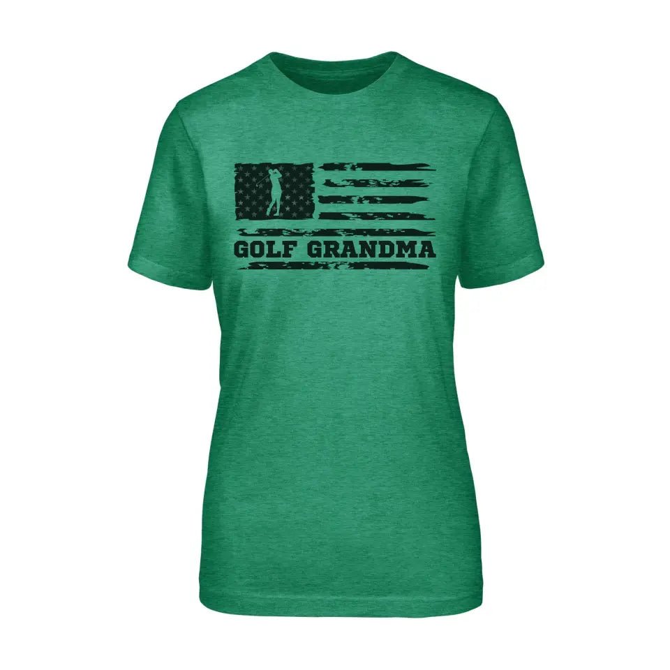 Golf Grandma Horizontal Flag on a Unisex T-Shirt with a Black Graphic
