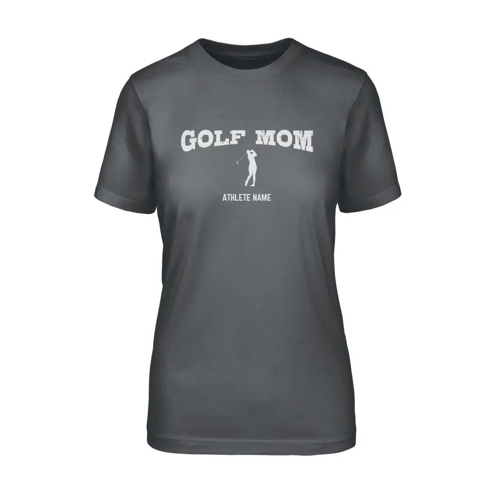 Golf Mom with Golfer Icon and Golfer Name on a Unisex T-Shirt with a White Graphic