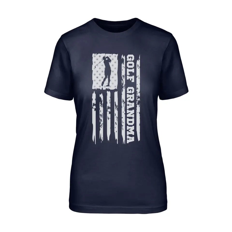 Golf Grandma Vertical Flag on a Unisex T-Shirt with a White Graphic