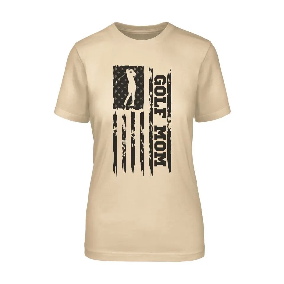 Golf Mom Vertical Flag on a Unisex T-Shirt with a Black Graphic