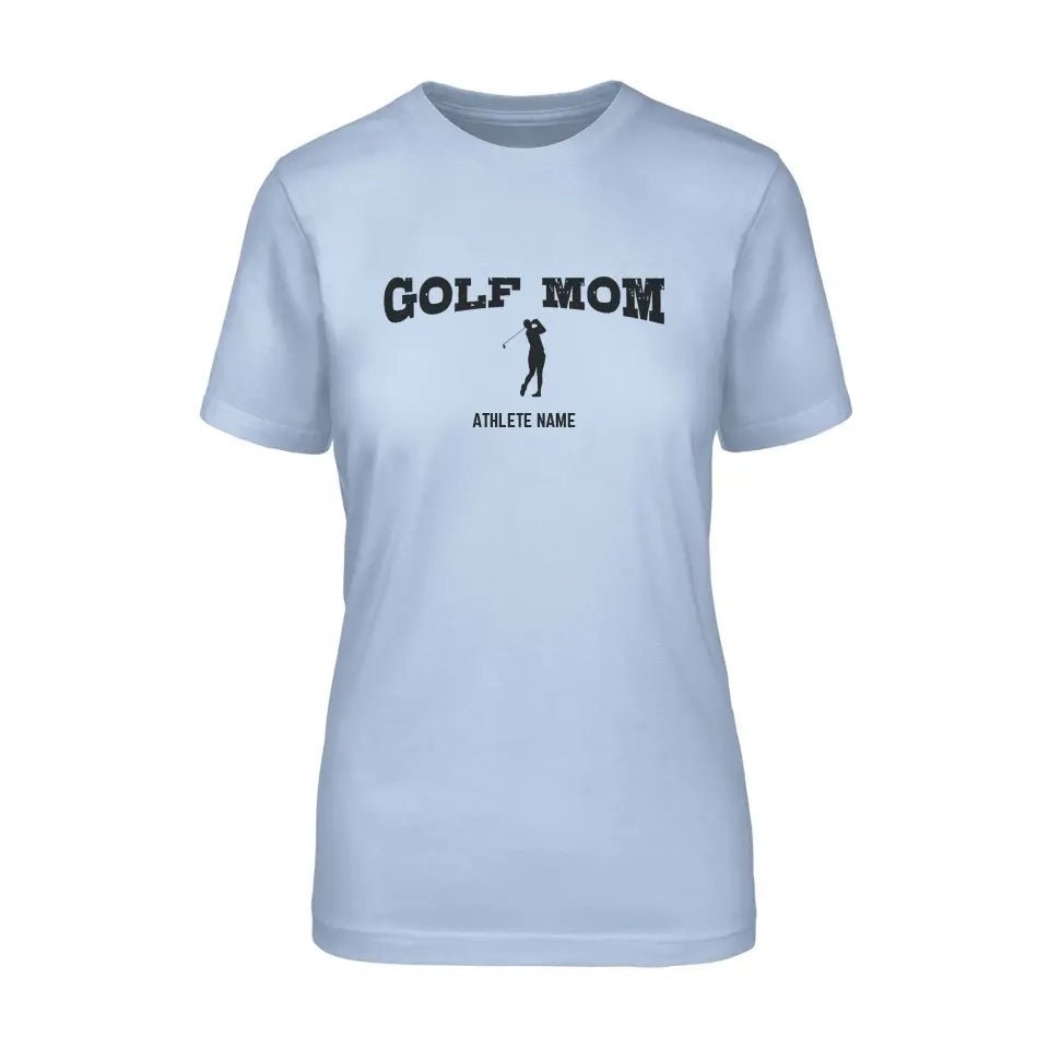 Golf Mom with Golfer Icon and Golfer Name on a Unisex T-Shirt with a Black Graphic