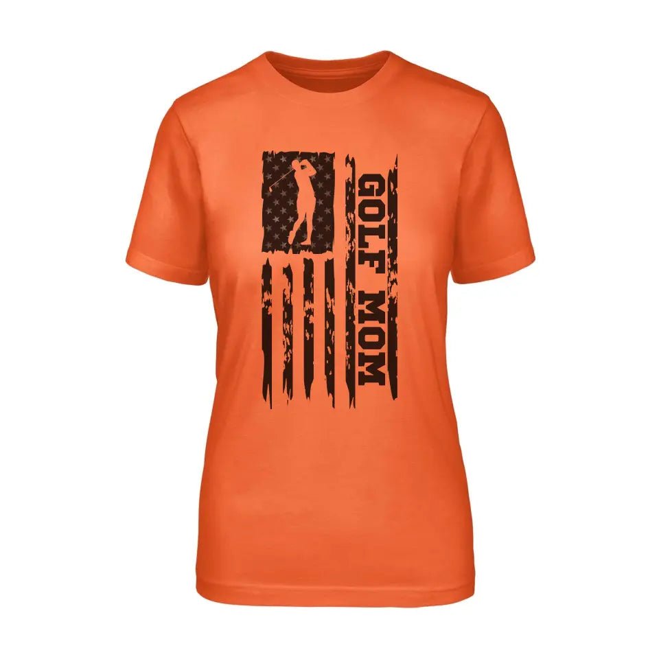 Golf Mom Vertical Flag on a Unisex T-Shirt with a Black Graphic