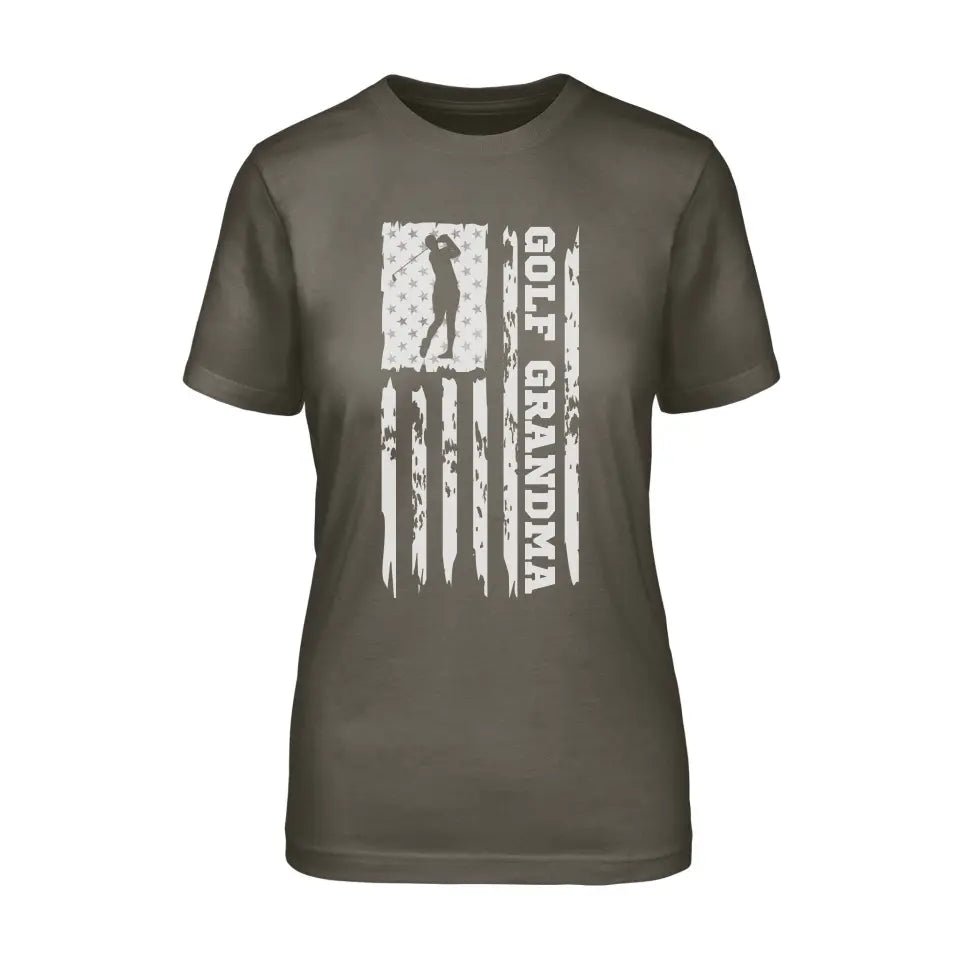 Golf Grandma Vertical Flag on a Unisex T-Shirt with a White Graphic