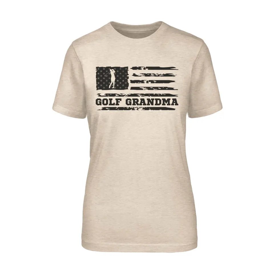 Golf Grandma Horizontal Flag on a Unisex T-Shirt with a Black Graphic