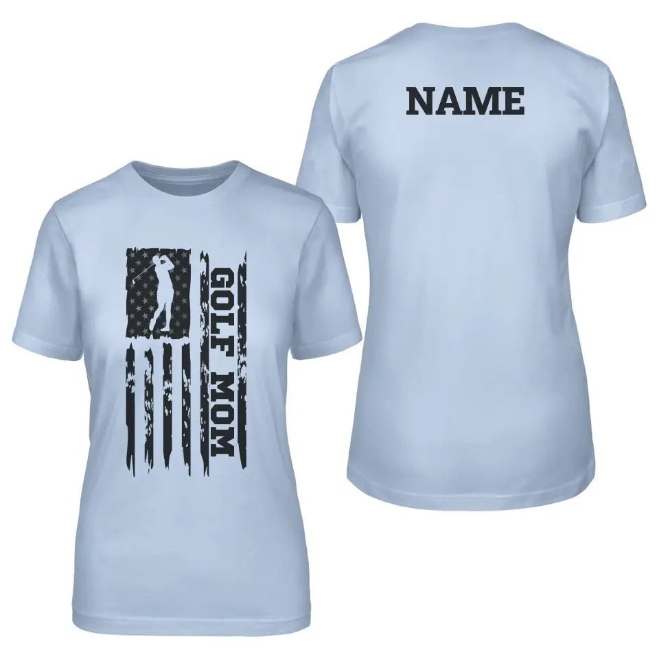 Golf Mom Vertical Flag With Golfer Name on a Unisex T-Shirt with a Black Graphic