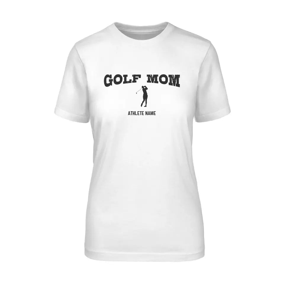 Golf Mom with Golfer Icon and Golfer Name on a Unisex T-Shirt with a Black Graphic