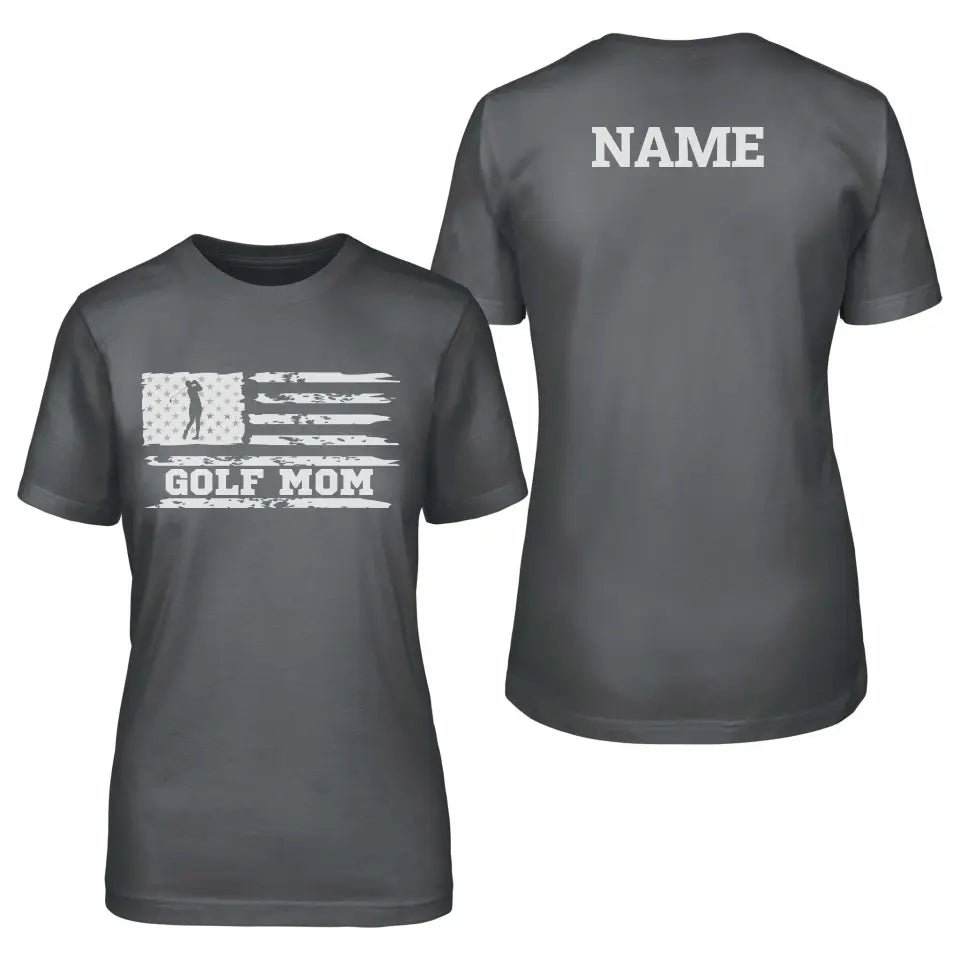 Golf Mom Horizontal Flag With Golfer Name on a Unisex T-Shirt with a White Graphic