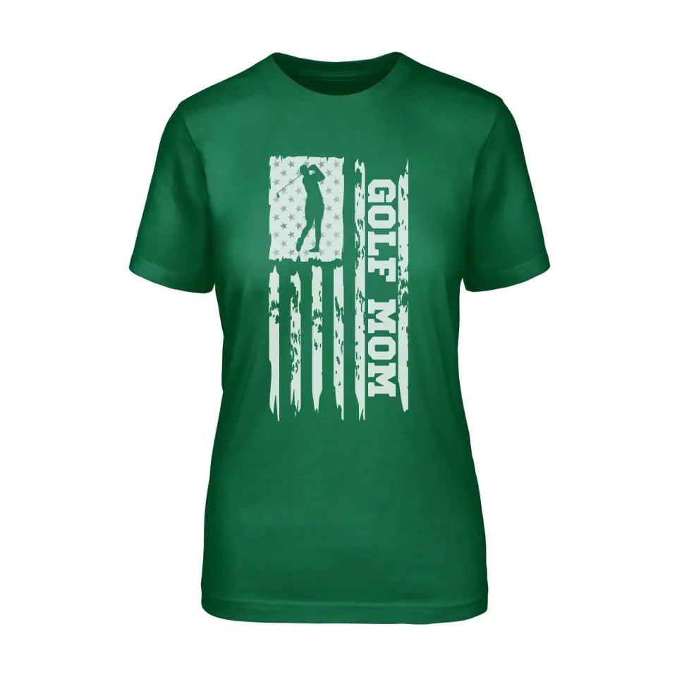 Golf Mom Vertical Flag on a Unisex T-Shirt with a White Graphic