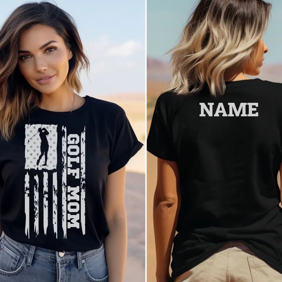 Golf Mom Vertical Flag With Golfer Name on a Unisex T-Shirt with a White Graphic