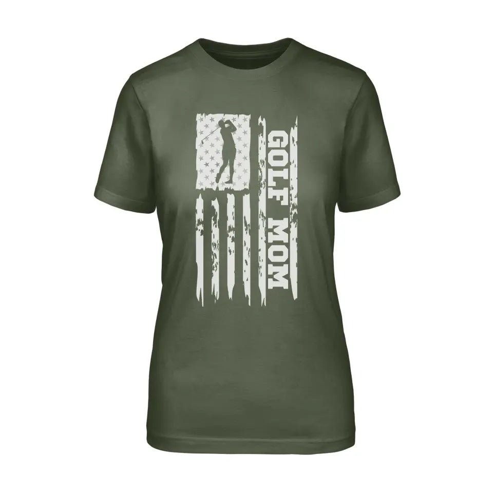 Golf Mom Vertical Flag on a Unisex T-Shirt with a White Graphic