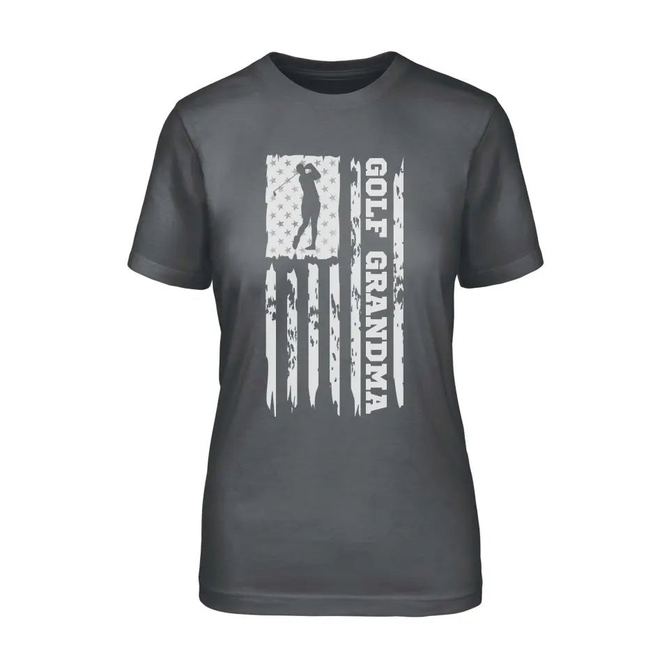 Golf Grandma Vertical Flag on a Unisex T-Shirt with a White Graphic