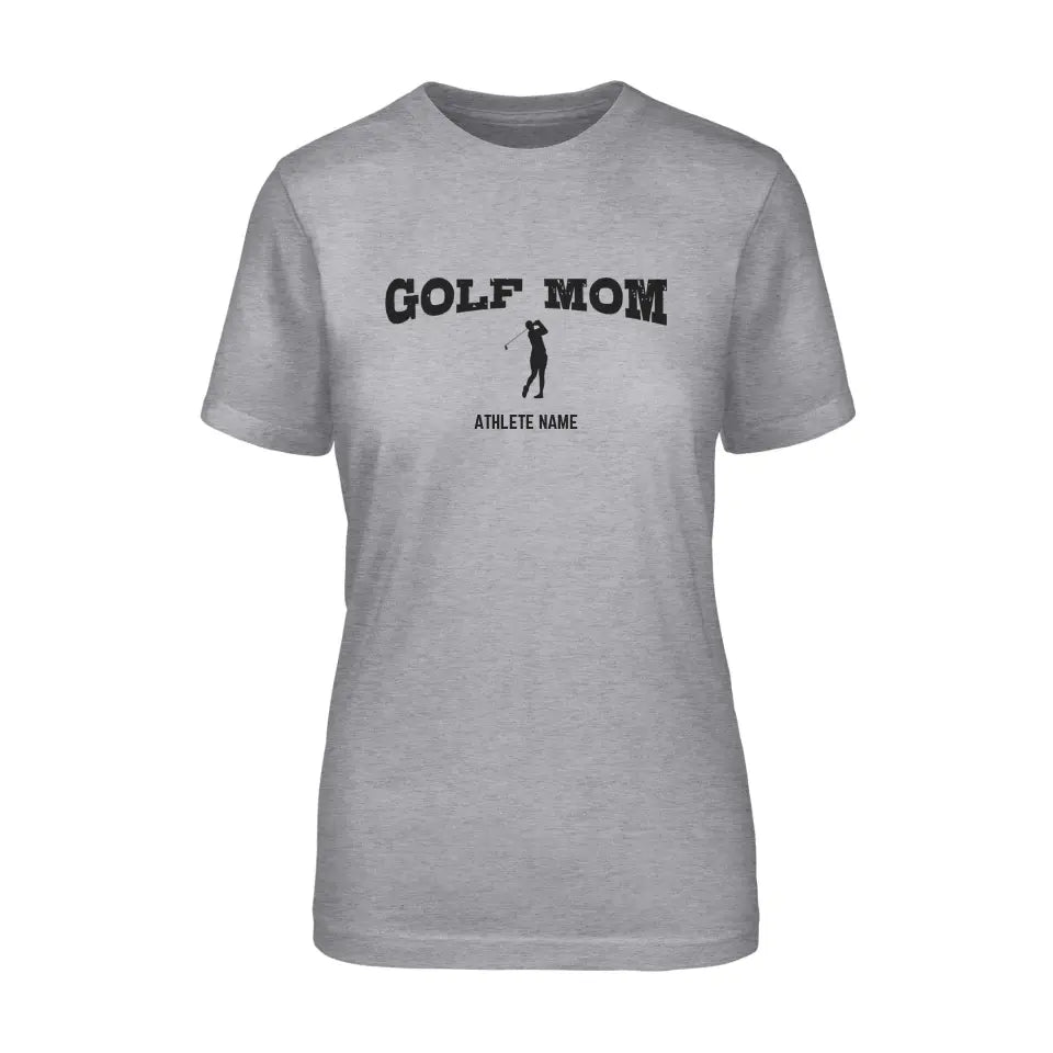 Golf Mom with Golfer Icon and Golfer Name on a Unisex T-Shirt with a Black Graphic