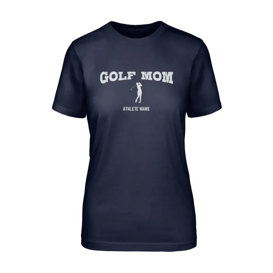 Golf Mom with Golfer Icon and Golfer Name on a Unisex T-Shirt with a White Graphic