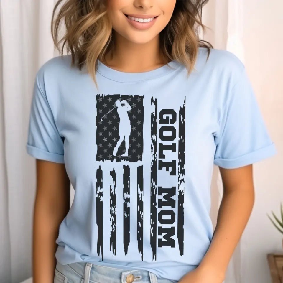 Golf Mom Vertical Flag on a Unisex T-Shirt with a Black Graphic