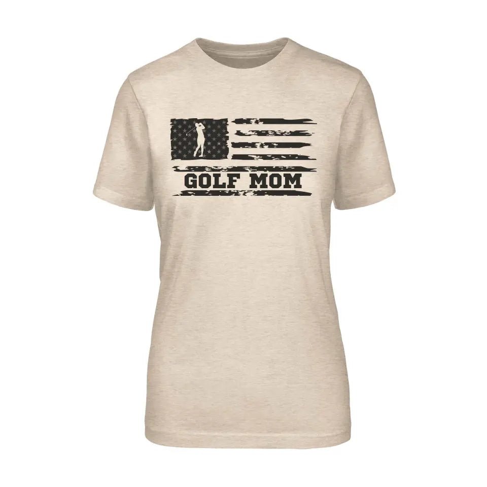 Golf Mom Horizontal Flag on a Unisex T-Shirt with a Black Graphic