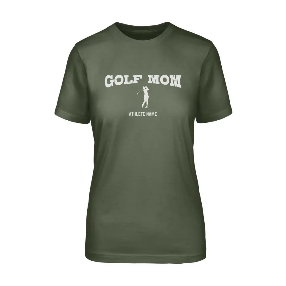 Golf Mom with Golfer Icon and Golfer Name on a Unisex T-Shirt with a White Graphic