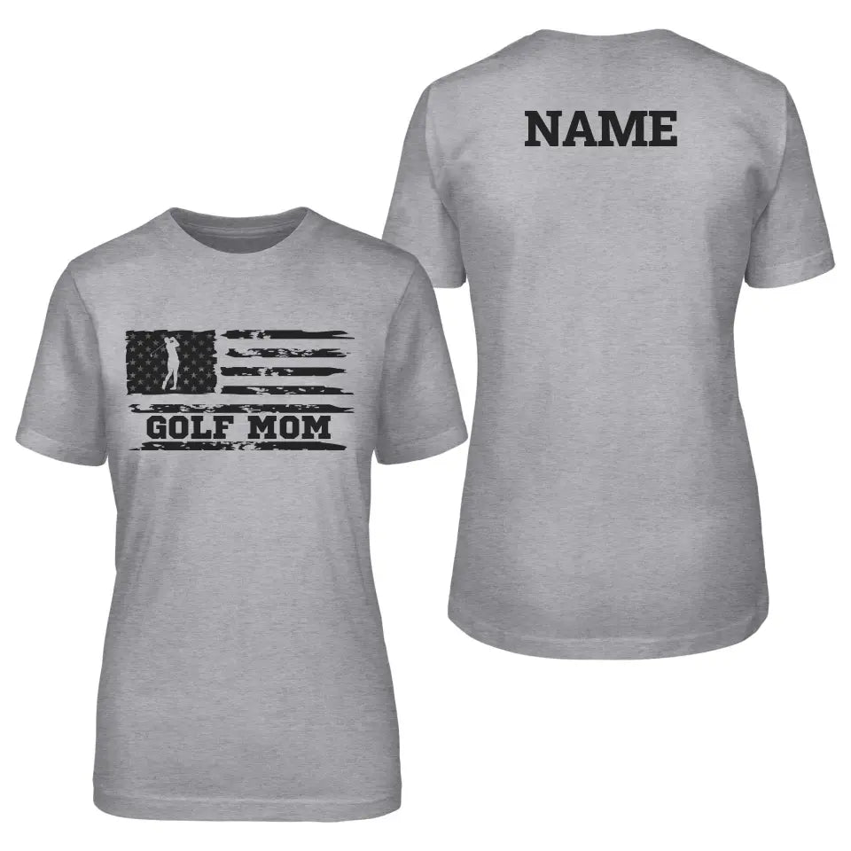 Golf Mom Horizontal Flag With Golfer Name on a Unisex T-Shirt with a Black Graphic