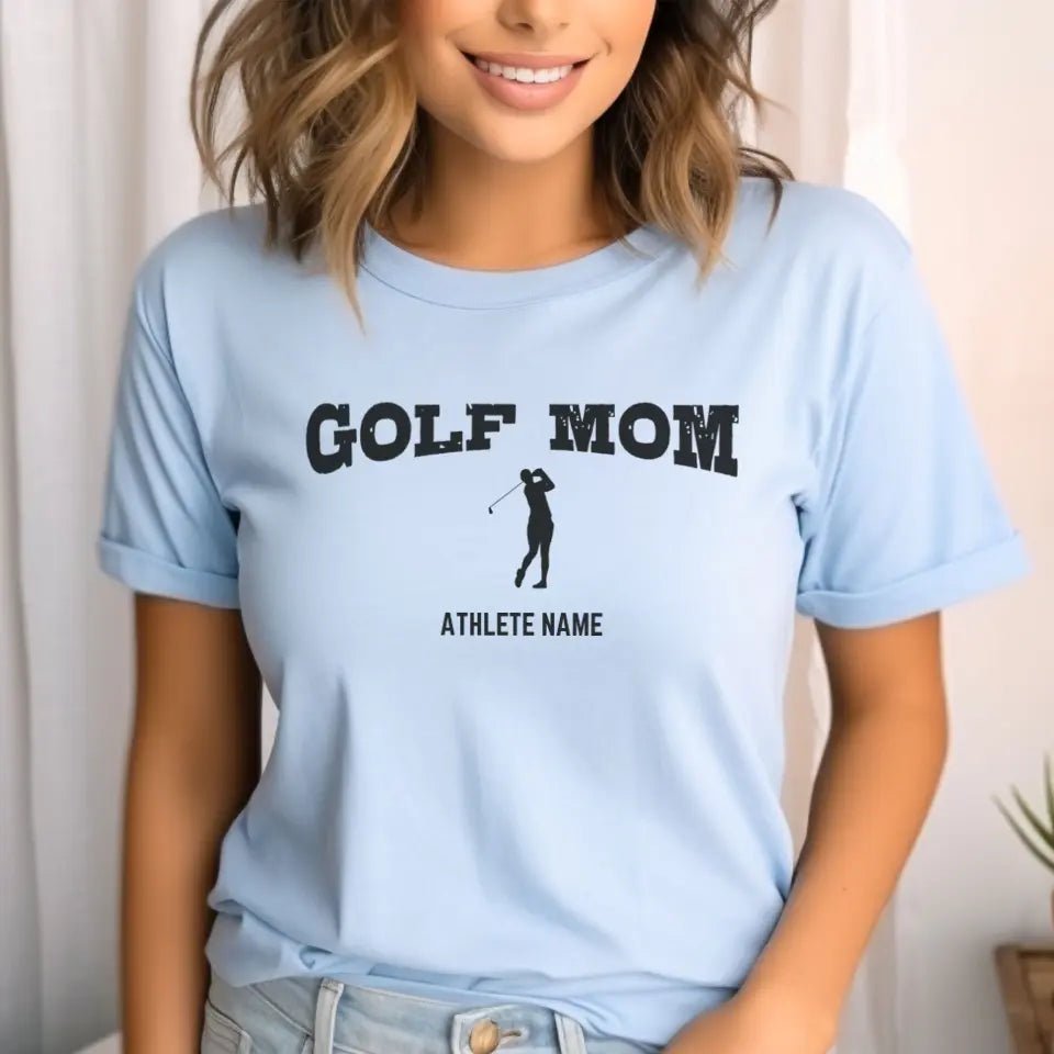Golf Mom with Golfer Icon and Golfer Name on a Unisex T-Shirt with a Black Graphic