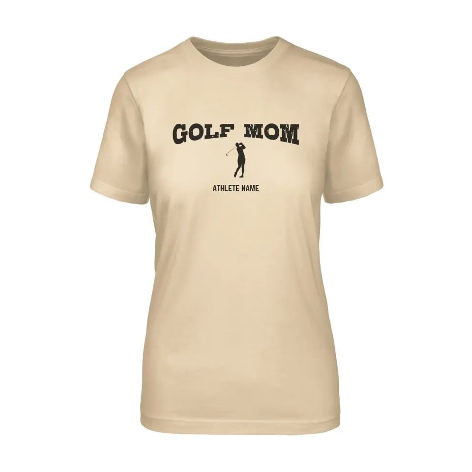Golf Mom with Golfer Icon and Golfer Name on a Unisex T-Shirt with a Black Graphic