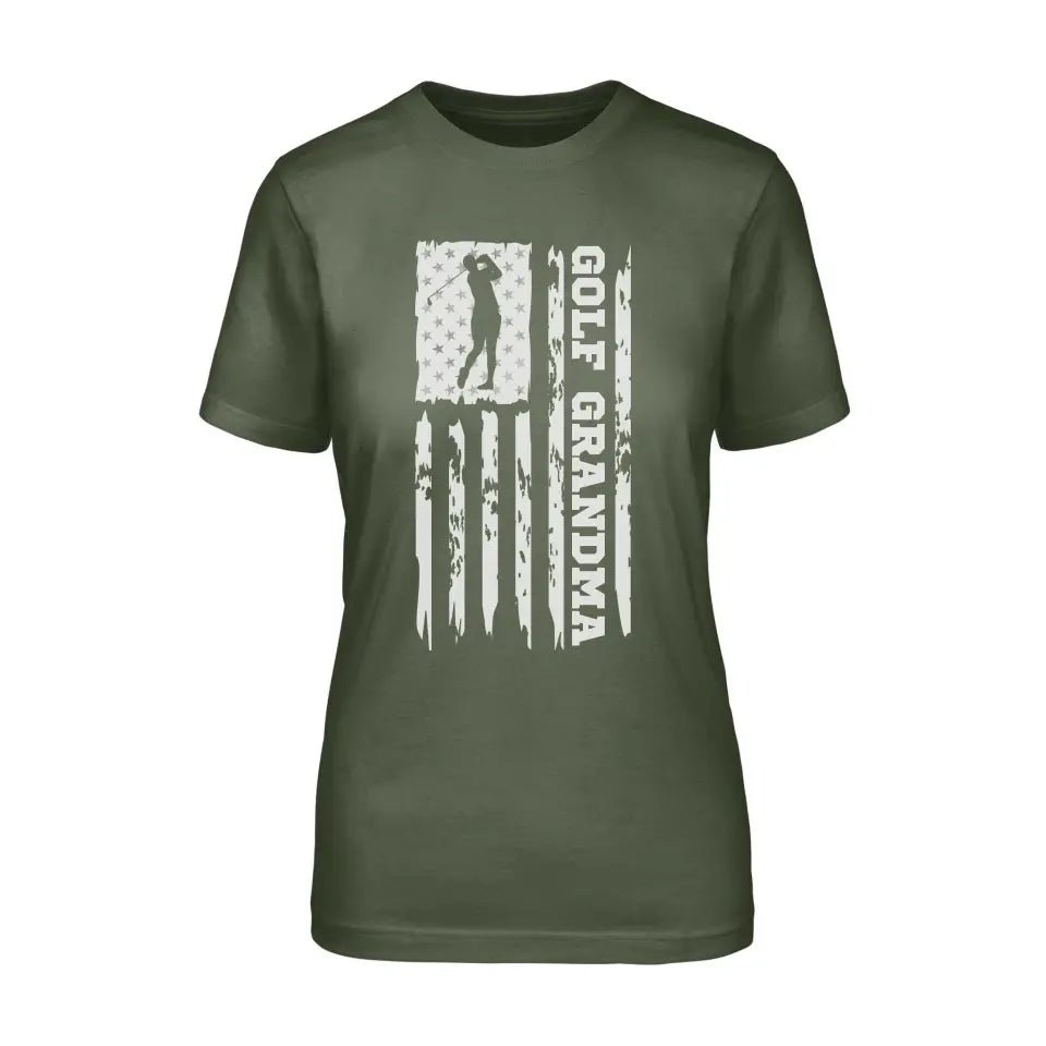 Golf Grandma Vertical Flag on a Unisex T-Shirt with a White Graphic